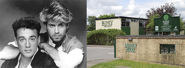 George Michael e Andrew Ridgeley ao lado a Bushey Meads School